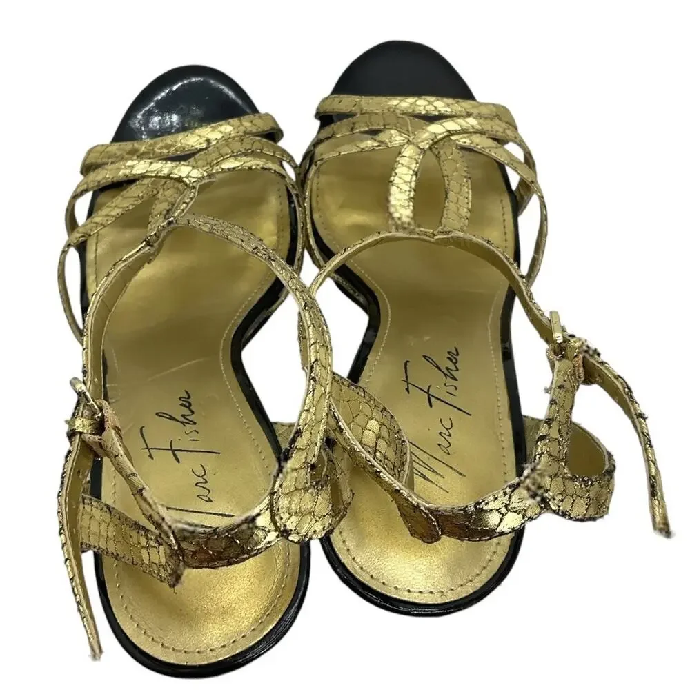 Marc Fisher Sandal SZ 8.5 Women Gold Belia Ankle Strap Heel Snakeskin-Flaw - Picture 13 of 14